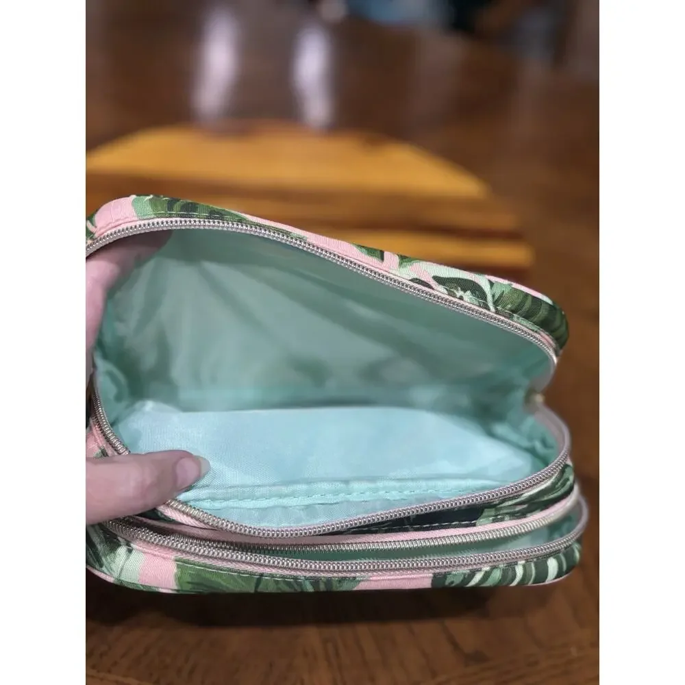 Sophia Joy Fabric Tropical Leaf Print Double Zip Makeup Bag, Green/Pink